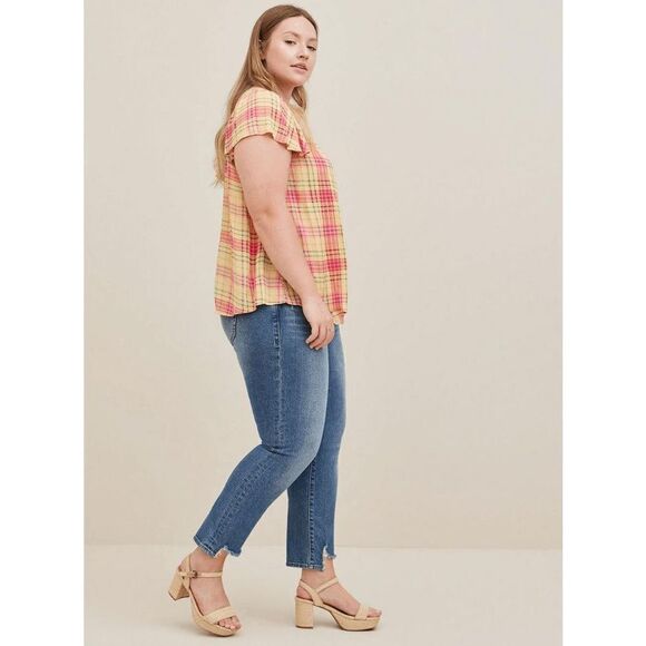 Torrid Plus Size Smocked Crew Neck Blouse Crinkle Gauze Plaid Yellow size 0X - Picture 3 of 9
